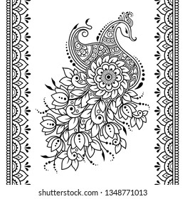 Set of Mehndi flower, peacock pattern and seamless border for Henna drawing and tattoo. Decoration in oriental, Indian style.