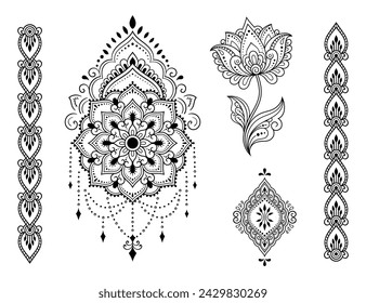 Conjunto de flores de Mehndi y patrón de borde sin costuras para el dibujo y tatuaje de Henna. Decoración oriental étnica, estilo indio. Adorno de garabato. Ilustración vectorial de dibujo a mano.