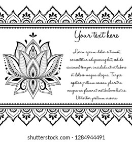 Set of Mehndi hand drawn symbol Lotus pattern and seamless border for Henna drawing and tattoo. Decoration in oriental, Indian style.