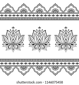 Set of Mehndi lotus flower pattern and seamless border for Henna drawing and tattoo. Decoration in oriental, Indian style.