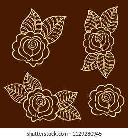 Set of Mehndi rosa flower pattern for Henna drawing and tattoo. Decoration in ethnic oriental, Indian style.