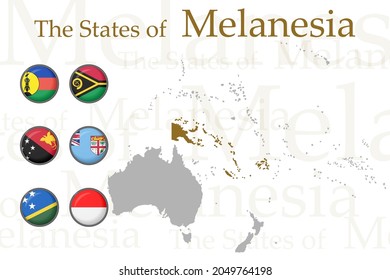 Un conjunto de banderas melanesias sobre un fondo blanco. Imagen vectorial de las banderas de los estados y territorios dependientes de Melanesia. Para un sitio web, folletos, pancartas, folletos, folletos y guías de viaje.