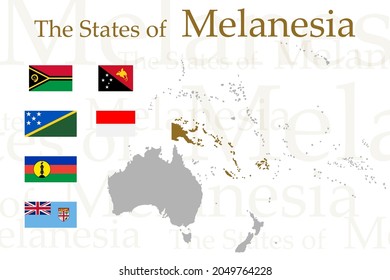 A set of Melanesian flags on a white background. Vector image of the flags of the states and dependent territories of Melanesia. For a website, brochures, banners, booklets, leaflets, travel guides.