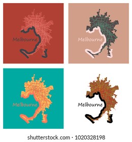 Set of Melbourne Australia Map in Retro Style. Flat Illustration.