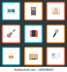 Set of melody icons flat style symbols with xylophone, drum, cassette and other icons for your web mobile app logo design.