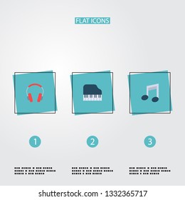 Set of melody icons flat style symbols with headphones, musical note, piano keys and other icons for your web mobile app logo design.