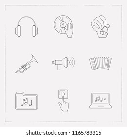 Set of melody icons line style symbols with trumpet, headphone, loudspeaker and other icons for your web mobile app logo design.