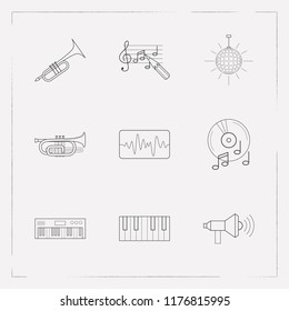 Set of melody icons line style symbols with disco ball, trumpet, synthesizer and other icons for your web mobile app logo design.