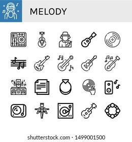 Set of melody icons such as DJ, Mixing table, Acoustic guitar, Musician, Viola, Vynil, Musical notes, Electric guitar, Guitar, Note, Castanets, Music, Turntable, Samba , melody