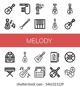 Set of melody icons such as Guitar, Bagpipes, Clarinet, Musical, Piano, Acoustic guitar, Jukebox, Notes, Violin, Compact disc, Maracas , melody