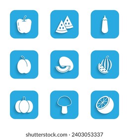 Set Melon Frucht, Pilz, Orange, Watermelon, Kürbis, Pflaumen, Eggpflanze und Apple Symbol. Vektorgrafik