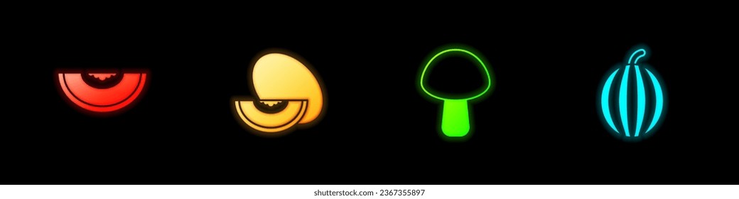 Set Melon fruit, , Mushroom and Watermelon icon. Vector