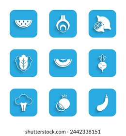 Set Melon fruit, Tomato, Eggplant, Beet, Broccoli, Cabbage, Lemon and Watermelon icon. Vector