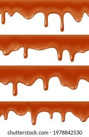 Set of Melted caramel dripping, realistic vector illustration on white background