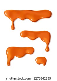 Set Of Melted Caramel Drop Of Sweet Sauce Isolated On White Background. Orange Or Brown Paint Stains Design. Vector Illustration. Realistic Horizontal Leaking Syrup Dripping