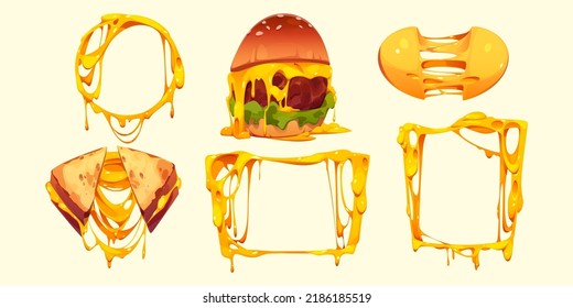 Set of melted cheese frames, burger and sandwich. Cartoon fast food meals with dripping cheesy stretches, square and round borders, isolated design elements for fast food menu, Vector illustration