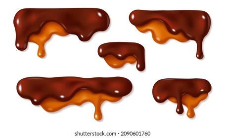 Set of melted chocolate with caramel drop of sweet sauce isolated on white background. Orange and brown paint stains design. Vector illustration. Realistic horizontal leaking syrup dripping