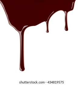 Set of melted chocolate syrup leaking on white background. Vector illustration. Realistic sweet sauce, dripping over backdrop. Cocoa dressing.