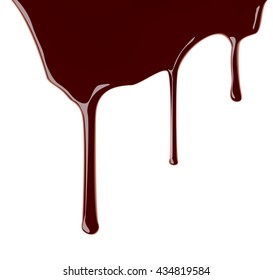 Set of melted chocolate syrup leaking on white background. Vector illustration. Realistic sweet sauce, dripping over backdrop. Cocoa dressing.