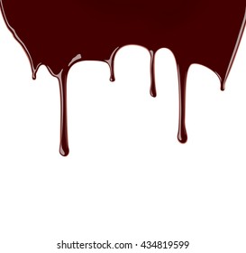 Set of melted chocolate syrup leaking on white background. Vector illustration. Realistic sweet sauce, dripping over backdrop. Cocoa dressing.