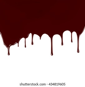 Set of melted chocolate syrup leaking on white background. Vector illustration. Realistic sweet sauce, dripping over backdrop. Cocoa dressing.
