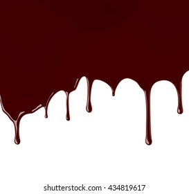 Set of melted chocolate syrup leaking on white background. Vector illustration. Realistic sweet sauce, dripping over backdrop. Cocoa dressing.