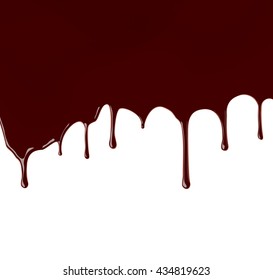 Set of melted chocolate syrup leaking on white background. Vector illustration. Realistic sweet sauce, dripping over backdrop. Cocoa dressing.