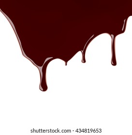 Set of melted chocolate syrup leaking on white background. Vector illustration. Realistic sweet sauce, dripping over backdrop. Cocoa dressing.