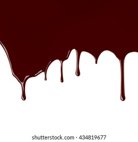 Set of melted chocolate syrup leaking on white background. Vector illustration. Realistic sweet sauce, dripping over backdrop. Cocoa dressing.