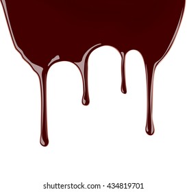 Set of melted chocolate syrup leaking on white background. Vector illustration. Realistic sweet sauce, dripping over backdrop. Cocoa dressing.