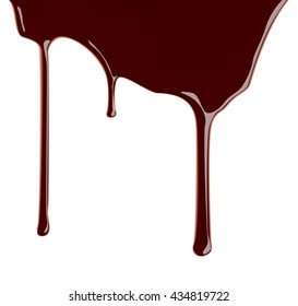 Set of melted chocolate syrup leaking on white background. Vector illustration. Realistic sweet sauce, dripping over backdrop. Cocoa dressing.