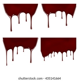 Set of melted chocolate syrup leaking on white background. Vector illustration. Realistic sweet sauce, dripping over backdrop. Cocoa dressing.