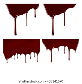 Set of melted chocolate syrup leaking on white background. Vector illustration. Realistic sweet sauce, dripping over backdrop. Cocoa dressing.