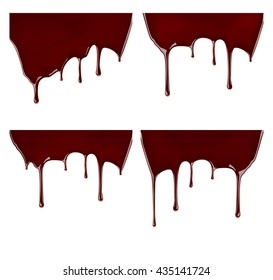 Set of melted chocolate syrup leaking on white background. Vector illustration. Realistic sweet sauce, dripping over backdrop. Cocoa dressing.