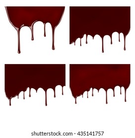 Set of melted chocolate syrup leaking on white background. Vector illustration. Realistic sweet sauce, dripping over backdrop. Cocoa dressing.