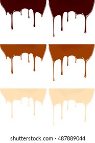 Set of melted dark or milk chocolate syrup leaking on white background vector realistic illustration for your design