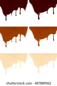 Set of melted dark or milk chocolate syrup leaking on white background vector realistic illustration for your design