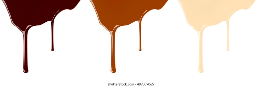 Set of melted dark or milk chocolate syrup leaking on white background vector realistic illustration for your design