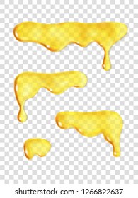 Set of melted honey transparent drop. Vector design of isolated leaking syrup stain. Realistic illustration of sweet liquid flowing down