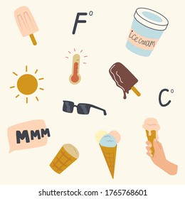 Set of Melted Ice Cream and Summer Time Accessories Sunglasses, Shining Sun, Thermometer Show High Temperature, Summertime Print, Fabric Ornament, Wrapping Paper Design. Linear Vector Illustration
