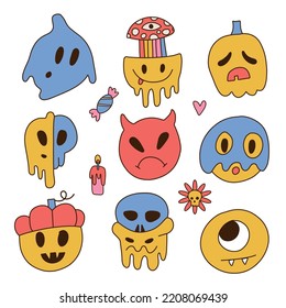 Set of melted smile emoji of Halloween spooky characters for t-shirt, sticker. Groovy funny faces of monsters. Hippie design elements. Vector contour illustration