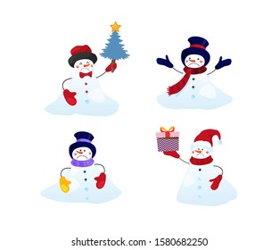 Set of melted snowmen. Different characters melt and turn into a snowdrift. Christmas depression, sadness, disappointment. Flat vector illustration isolated on white background.