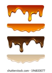 Set Melting chocolate, milk cream, liquid caramel, honey. Vector