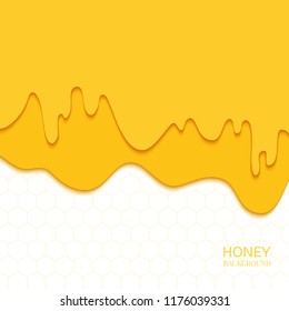 Set of melting dripping honey drops on white background made in paper cut style. Isolated vector illustration.