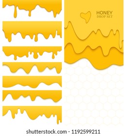 Set of melting dripping honey drops on white background made in paper cut style. Isolated vector illustration. Design elements for beekeepers and bakeries.