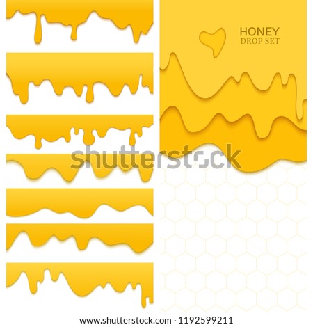 Set of melting dripping honey drops on white background made in paper cut style. Isolated vector illustration. Design elements for beekeepers and bakeries.