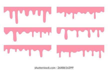 A set of melting and dripping pink strawberry. melted pink paint. melting pink cream. 