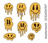 Set of Melting or dripping smiles drawn in 70s style. Collection of psychedelic emoticons isolated on white background. Vector illustration.