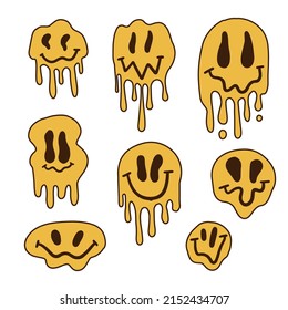 Set of Melting or dripping smiles drawn in 70s style. Collection of psychedelic emoticons isolated on white background. Vector illustration.