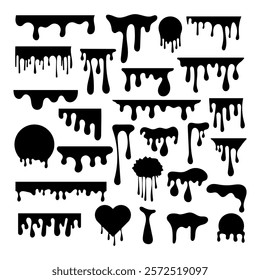 Set of Melting Drips Vector Illustration. This vector illustration features a diverse collection of melting drip designs in a solid black silhouette style.